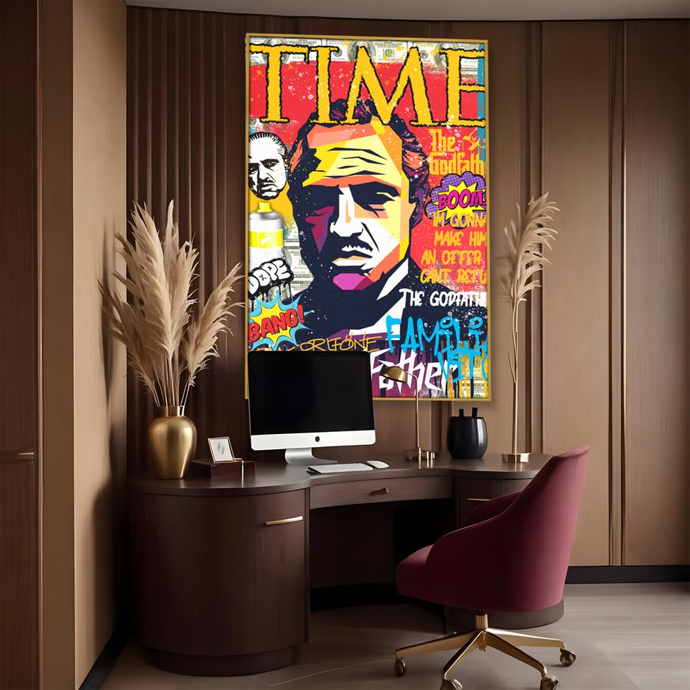 Tablou canvas cu tablou canvas portret mafiot stil pop art, in rama de aluminiu auriu, pe perete intr-un birou